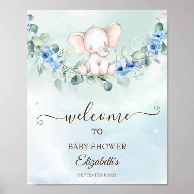 Cute Baby Elephant Blue Roses Poster (Front)