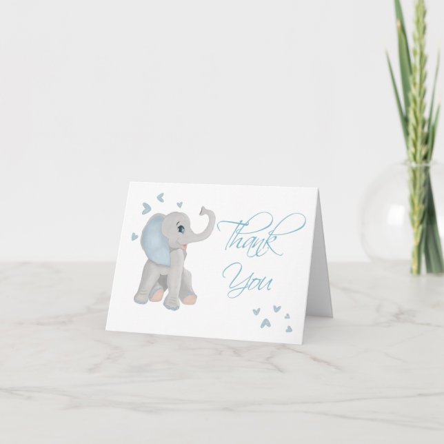 Cute Baby Elephant Blue Watercolor Thank You Card (Front)