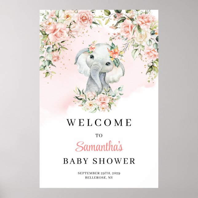 Cute baby elephant blush Girl Baby Shower Welcome Poster (Front)