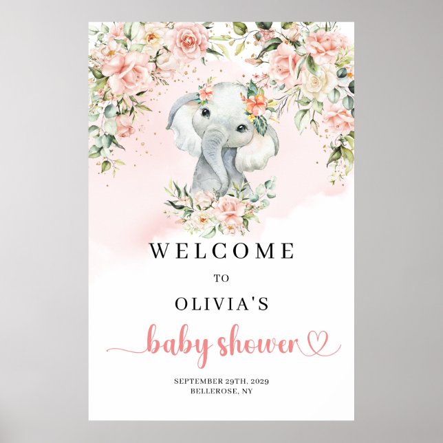 Cute baby elephant blush gold Baby Shower Welcome Poster (Front)