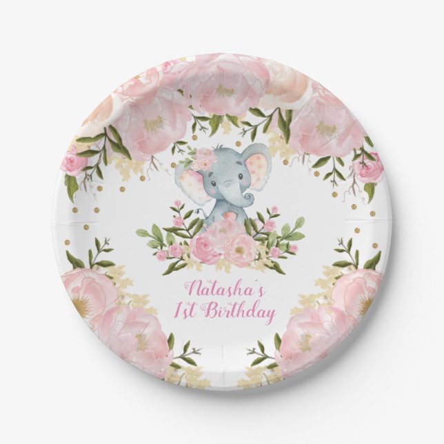 Cute Baby Elephant Blush Pink Floral Girl Birthday Paper Plate (Front)
