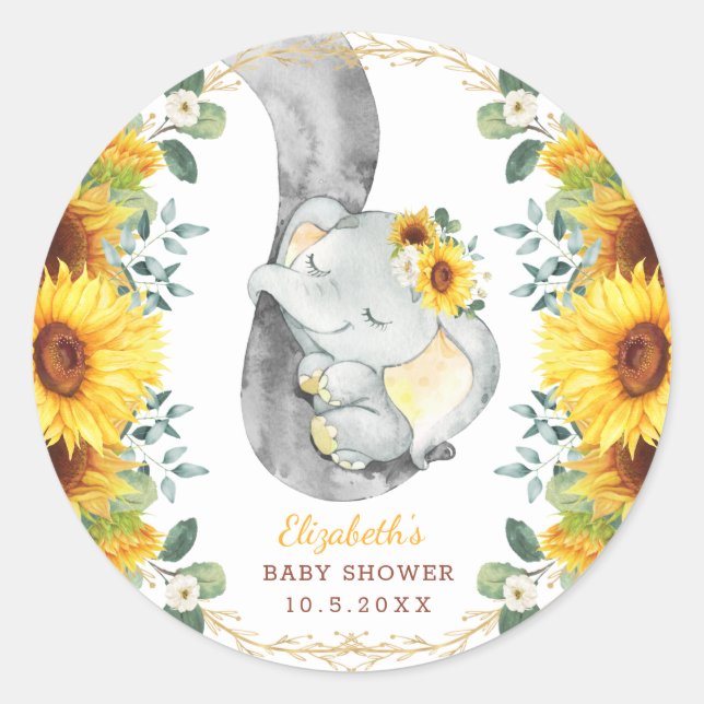 Cute Baby Elephant & Boho Rustic Sunflowers Classic Round Sticker (Front)