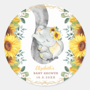 Cute Baby Elephant & Boho Rustic Sunflowers Classic Round Sticker