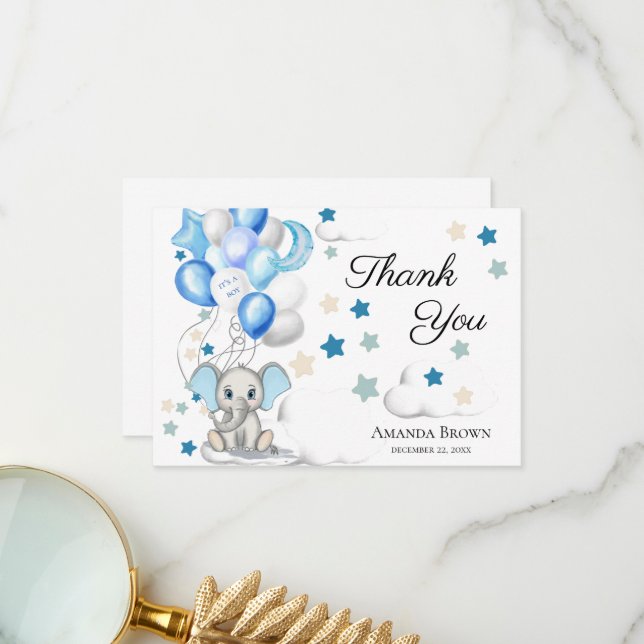 Cute Baby Elephant Boy Baby Shower | Thank You Card (Front/Back In Situ)