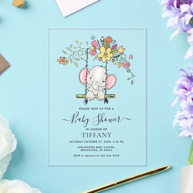 Cute Baby Elephant Boy Floral Swing Baby Shower Acrylic Invitations (Creator Uploaded)
