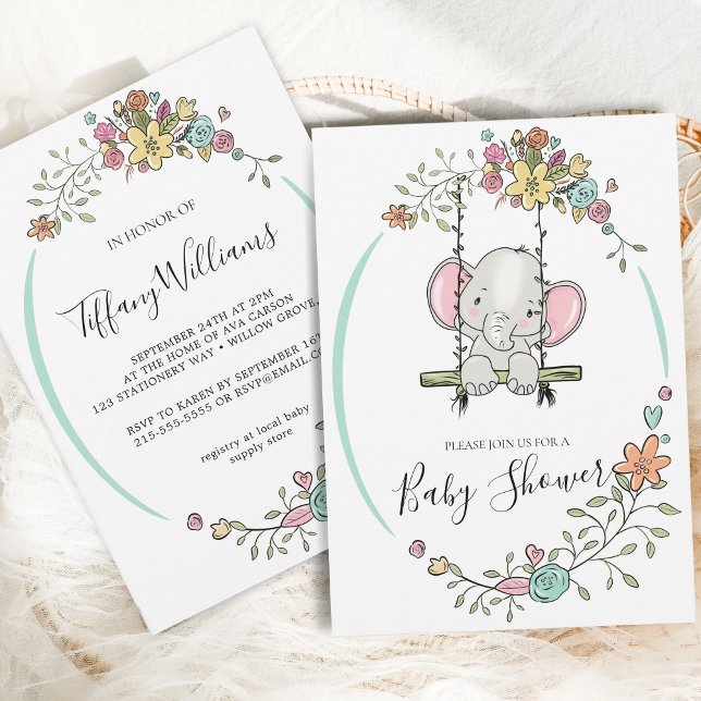 Cute Baby Elephant Boy Floral Swing Baby Shower Invitation (Creator Uploaded)