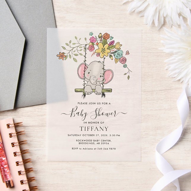 Cute Baby Elephant Boy Floral Swing Baby Shower Vellum Invitations (Creator Uploaded)