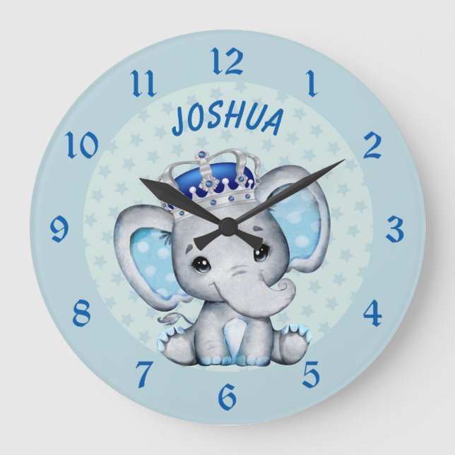 Cute Baby Elephant Boy Prince Large Clock (Front)