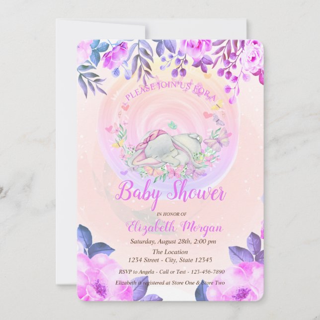 Cute Baby Elephant Butterflies Floral Invitation (Front)