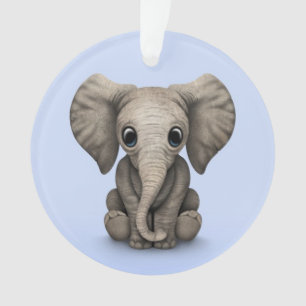 Cute Baby Elephant Calf Sitting Down, Light Blue Ornament