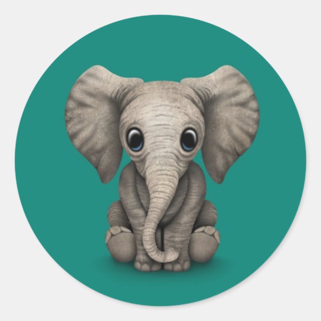 Cute Baby Elephant Calf Sitting Down, Teal Blue Classic Round Sticker (Front)