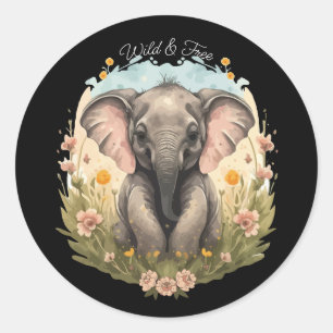 Cute Baby Elephant Calf Wildflower Wanderlust Classic Round Sticker