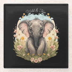 Cute Baby Elephant Calf Wildflower Wanderlust Glass Coaster
