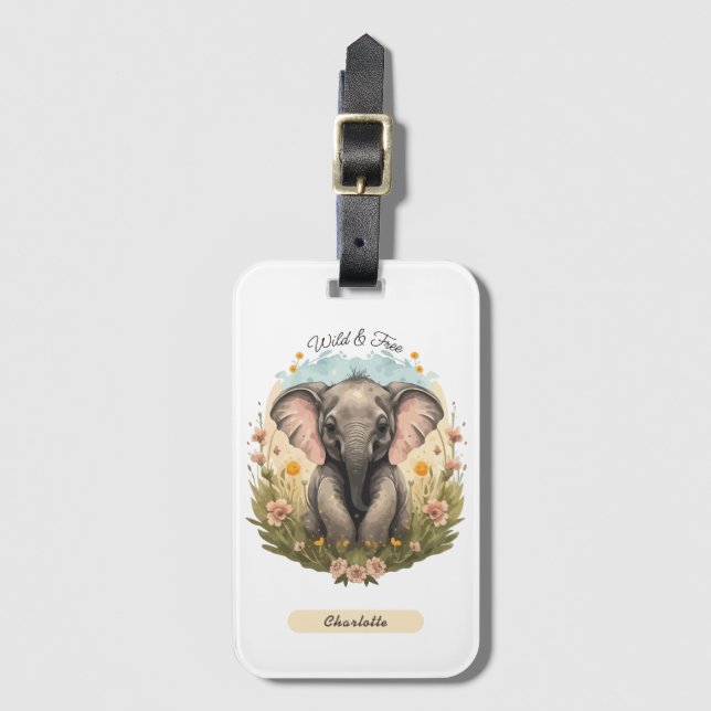 Cute Baby Elephant Calf Wildflower Wanderlust  Luggage Tag (Front Vertical)