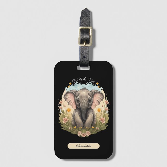 Cute Baby Elephant Calf Wildflower Wanderlust  Luggage Tag (Front Vertical)