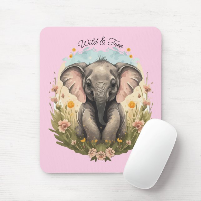Cute Baby Elephant Calf Wildflower Wanderlust Mouse Mat (With Mouse)