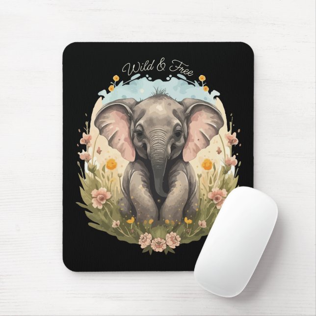 Cute Baby Elephant Calf Wildflower Wanderlust Mouse Mat (With Mouse)