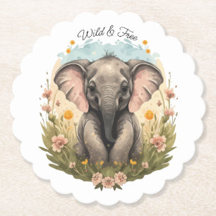 Cute Baby Elephant Calf Wildflower Wanderlust Paper Coaster