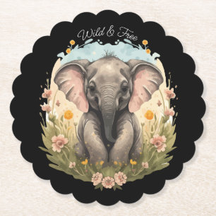 Cute Baby Elephant Calf Wildflower Wanderlust Paper Coaster