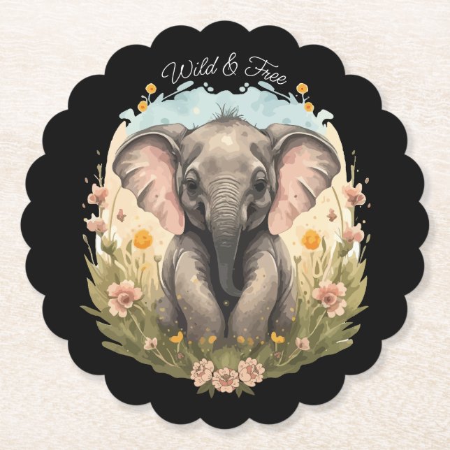 Cute Baby Elephant Calf Wildflower Wanderlust Paper Coaster (Front)