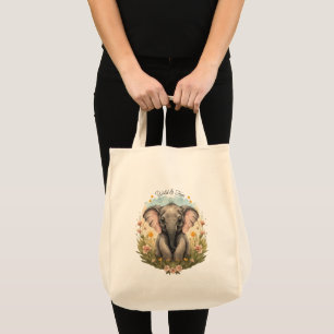 Cute Baby Elephant Calf Wildflower Wanderlust Tote Bag