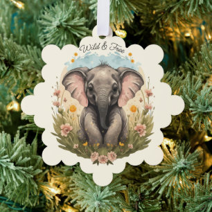 Cute Baby Elephant Calf Wildflower Wanderlust  Tree Decoration Card