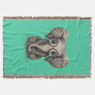 Cute Baby Elephant Calf with Reading Glasses Throw Blanket