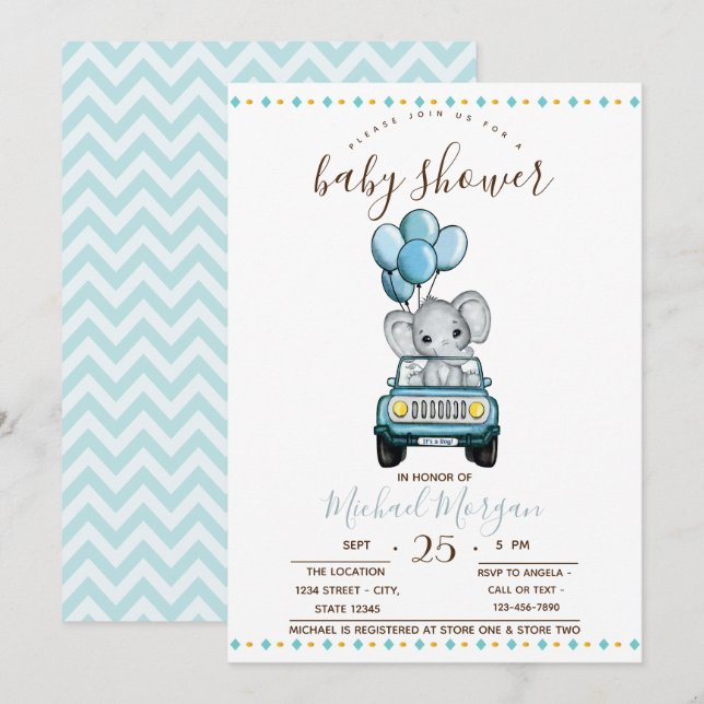 Cute Baby Elephant Car,Zigzag Baby Shower  Invitation (Front/Back)
