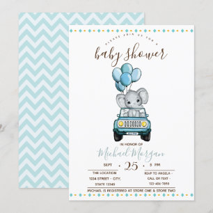 Cute Baby Elephant Car,Zigzag Baby Shower  Invitation