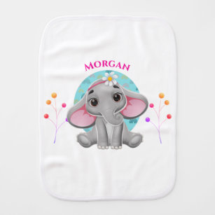 Cute Baby Elephant, Child's Name, White Burp Cloth