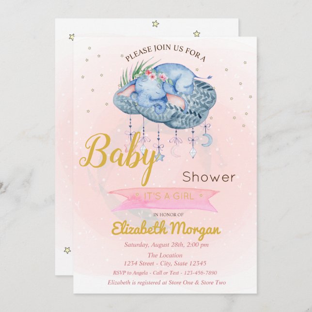 Cute Baby Elephant Cloud,Stars Baby Shower Invitation (Front/Back)