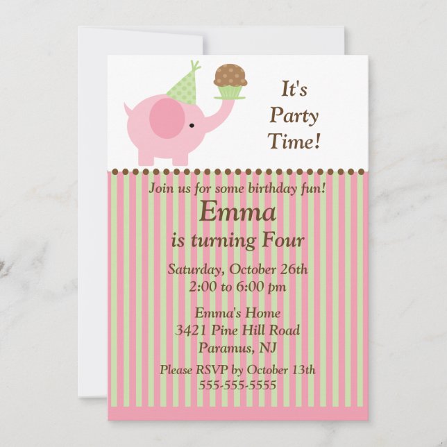 Cute Baby Elephant & Cupcake Birthday Invitation (Front)