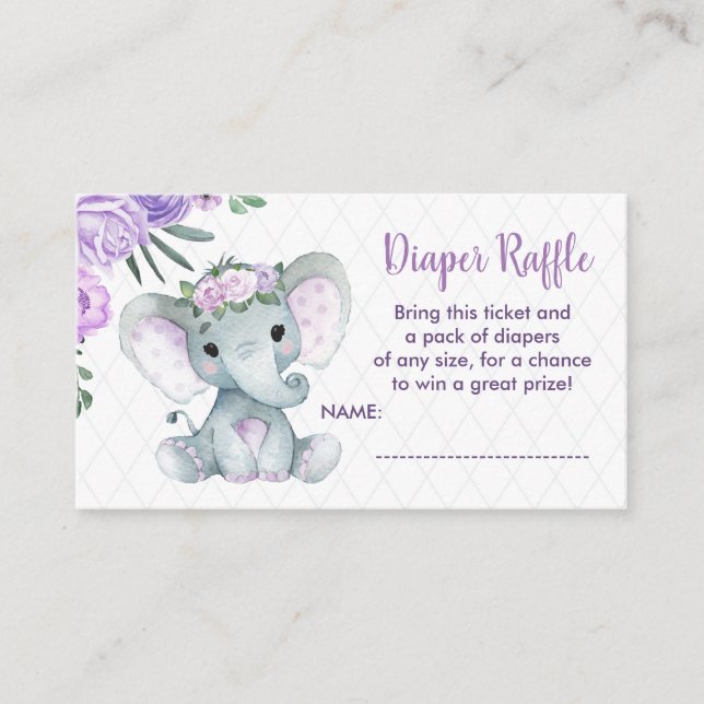 Cute Baby Elephant diaper raffle ticket, purple Enclosure Card (Front)