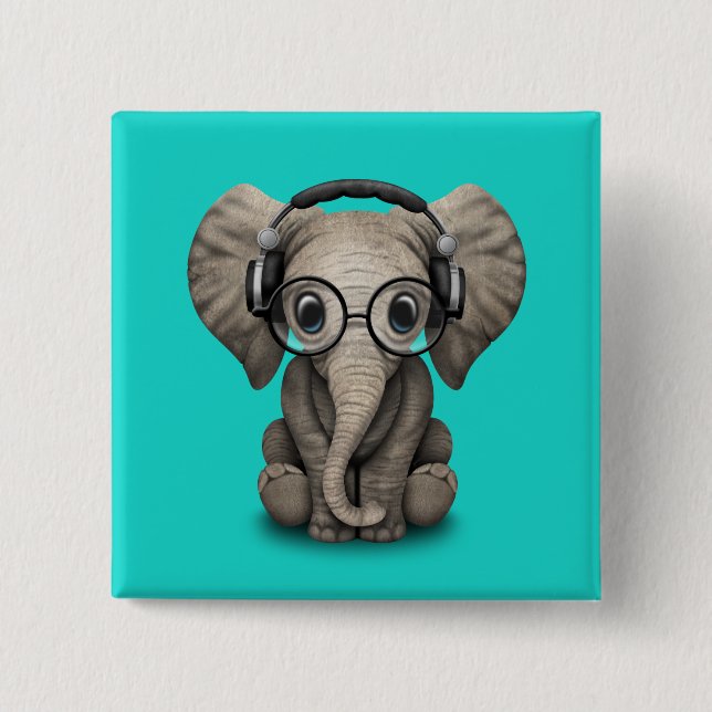 Cute Baby Elephant Dj Wearing Headphones and Glass 15 Cm Square Badge (Front)