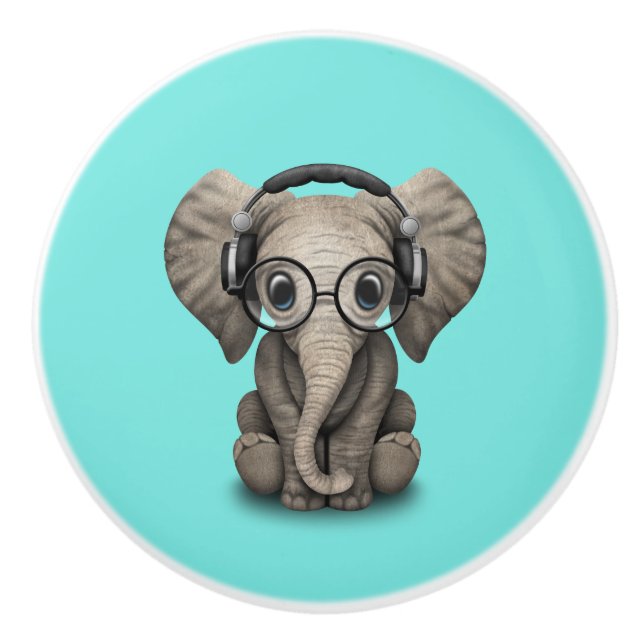 Cute Baby Elephant Dj Wearing Headphones and Glass Ceramic Knob (Front)