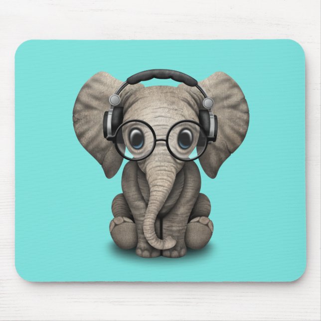 Cute Baby Elephant Dj Wearing Headphones and Glass Mouse Mat (Front)