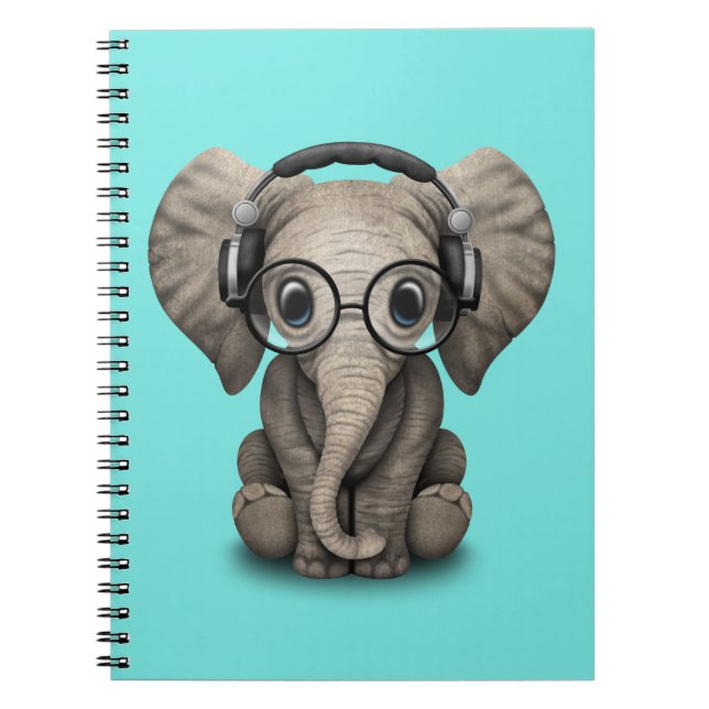 Cute Baby Elephant Dj Wearing Headphones and Glass Notebook (Front)