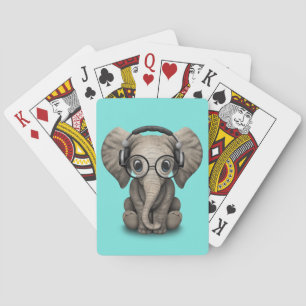 Cute Baby Elephant Dj Wearing Headphones and Glass Playing Cards