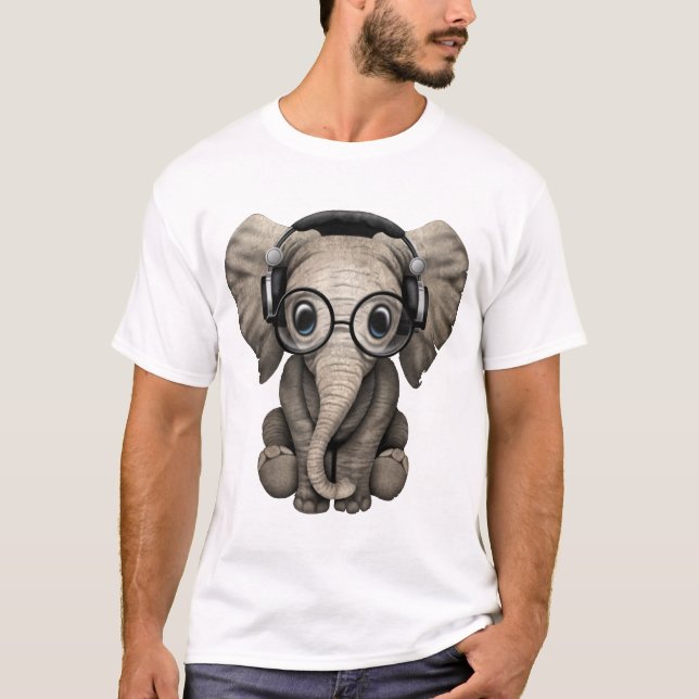 Cute Baby Elephant Dj Wearing Headphones and Glass T-Shirt (Front)