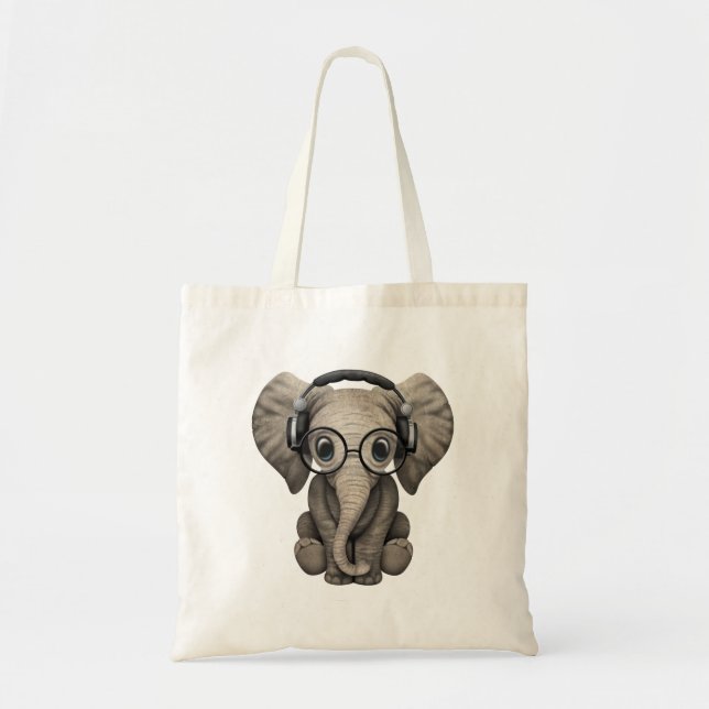 Cute Baby Elephant Dj Wearing Headphones Tote Bag (Front)