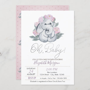 Cute Baby Elephant Dots Floral  Baby Shower Invitation