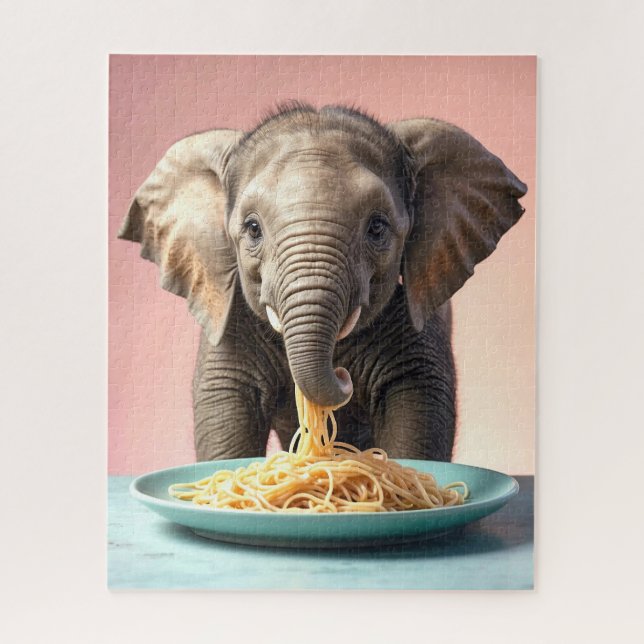 Cute Baby Elephant Eating Spaghetti Jigsaw Puzzle (Vertical)