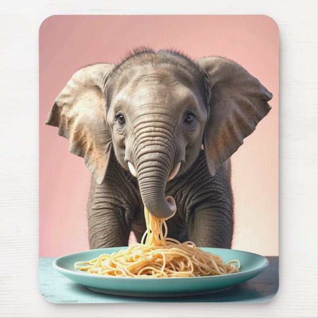 Cute Baby Elephant Eating Spaghetti Mouse Mat (Front)