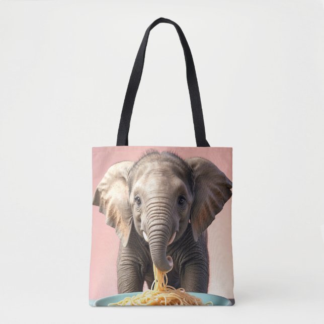 Cute Baby Elephant Eating Spaghetti Tote Bag (Front)