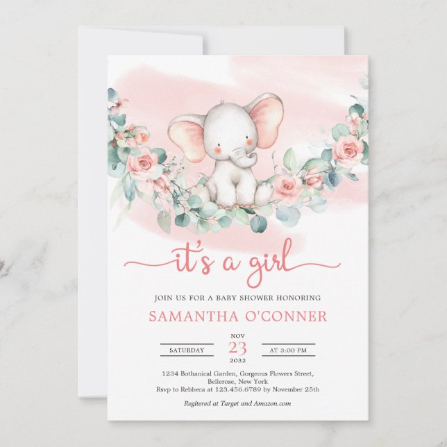 Cute baby elephant eucalyptus wreath it's a girl invitation (Front)