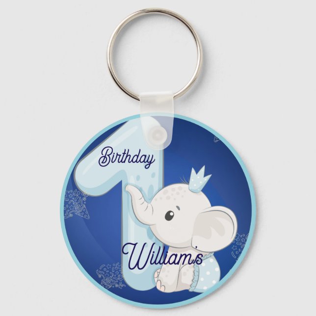 Cute Baby Elephant First Birthday Key Ring (Front)