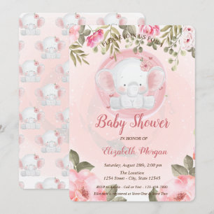 Cute Baby Elephant Floral Baby Shower Invitation