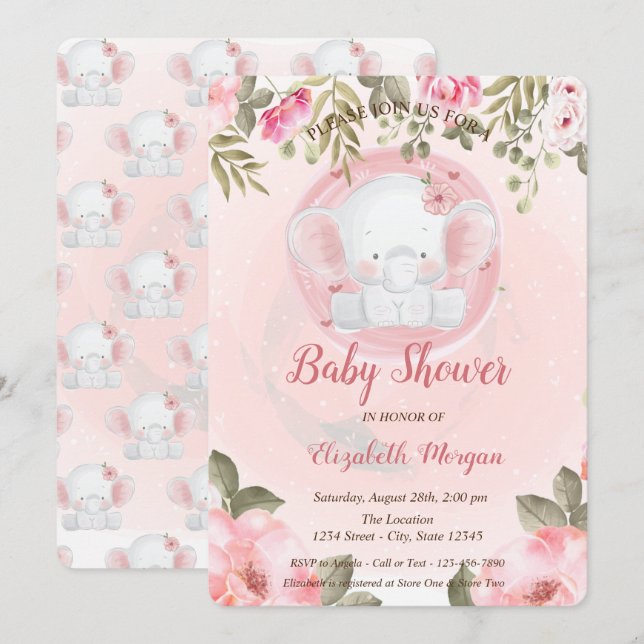 Cute Baby Elephant Floral Baby Shower Invitation (Front/Back)