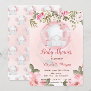 Cute Baby Elephant Floral Baby Shower Invitation