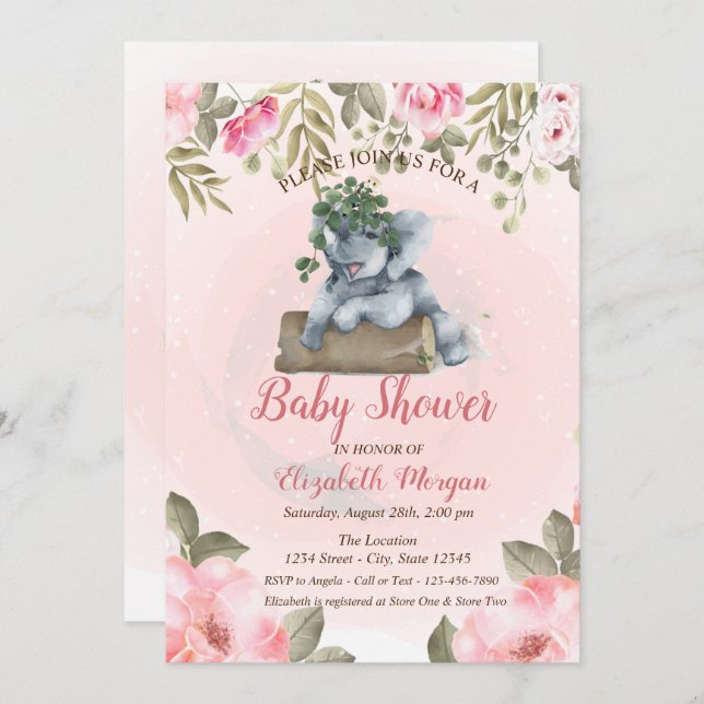 Cute Baby Elephant,Floral Baby Shower Invitation (Front/Back)